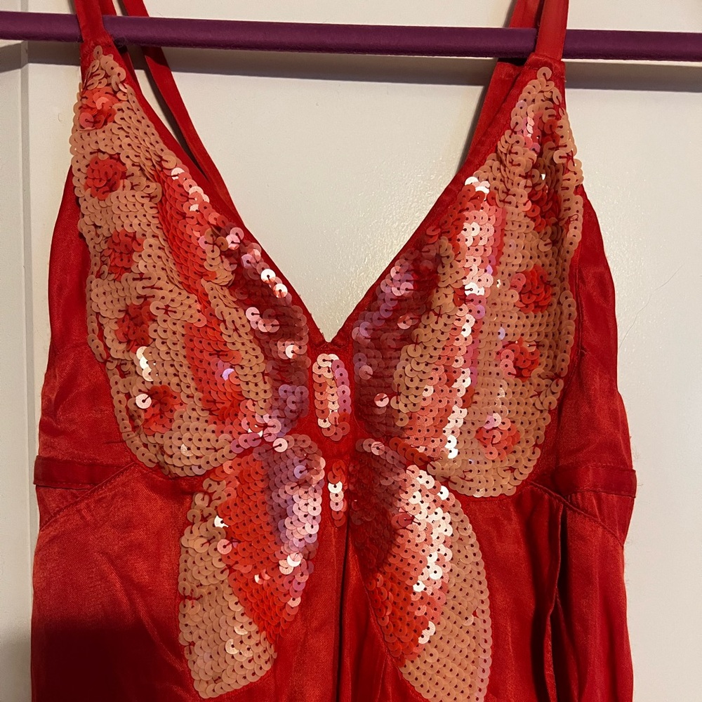 NEW Free People Dress Beaded Butterfly Sequin Mini Slip Ruffle Babydoll